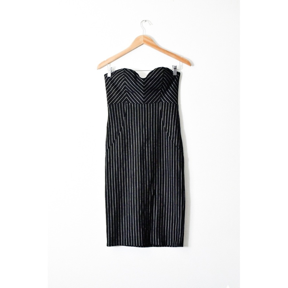 Love Fast Live Hard Black Pinstripe Strapless Sweetheart Midi Dress Size L